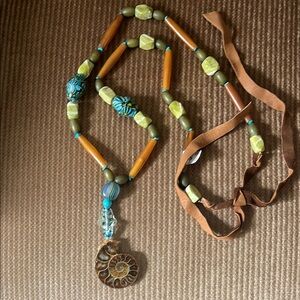 Bohemian Beaded Necklace with Ammonite Fossil Pendant